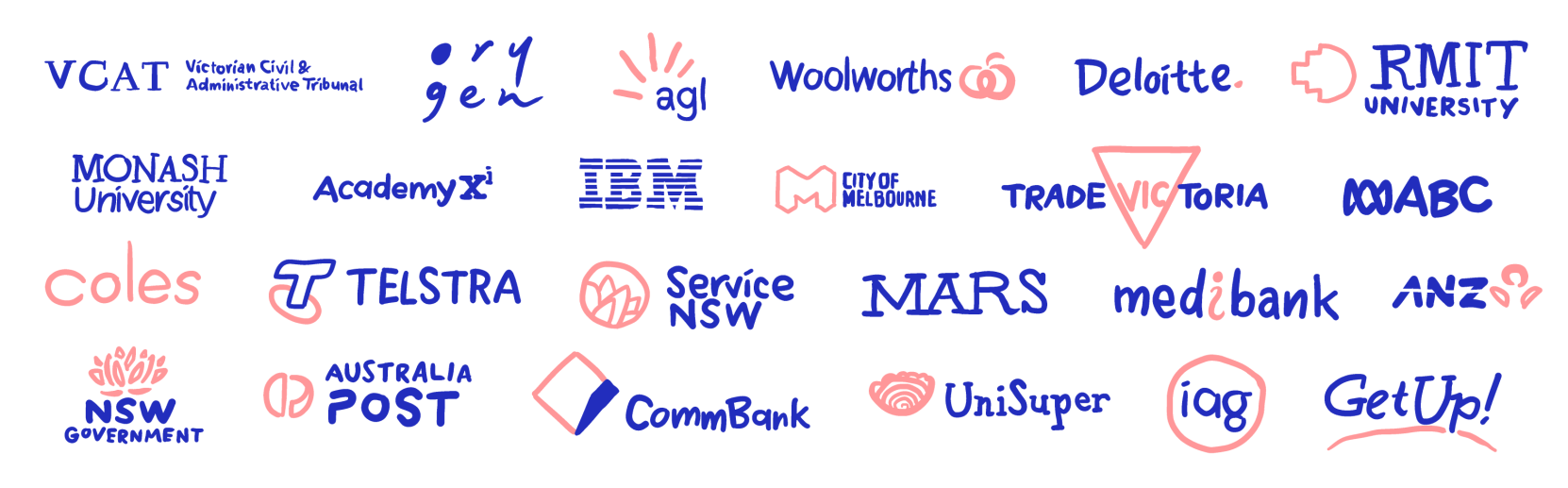 Logos of companies Experience Illustration has done work for, hand drawn